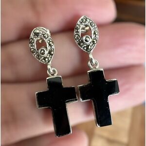 VTG Artisan IMA Stud Dangle Earrings 1.2 Inch Cross Black Onyx 925 Sterling 4.9g
